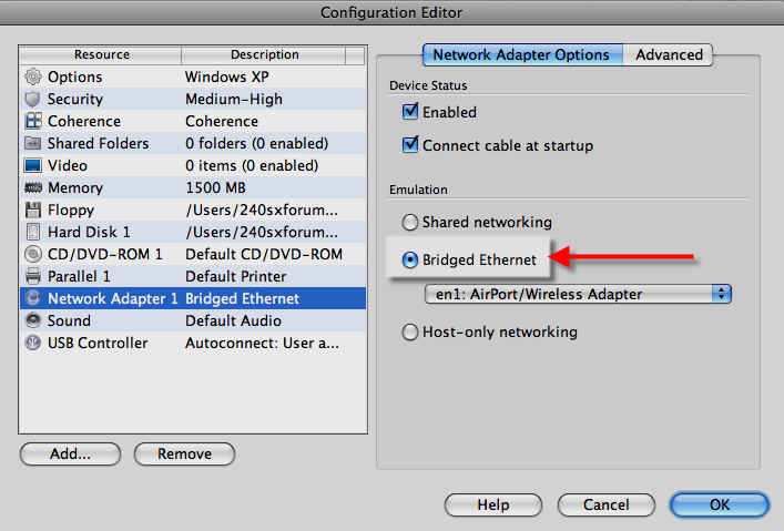 Network Adapater settings in Parallels